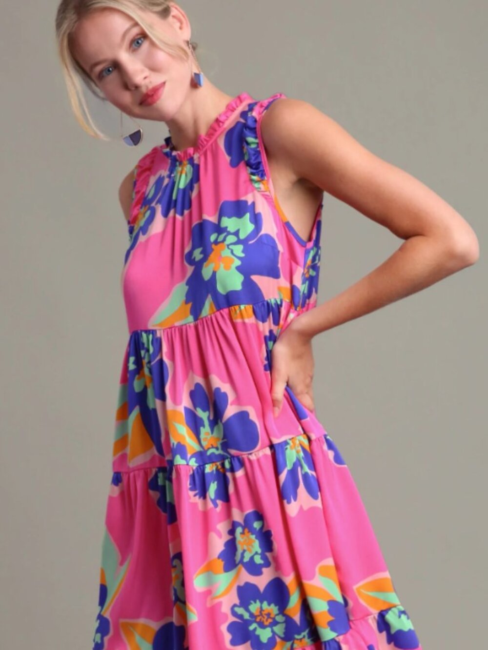 Umgee Bright Pink Floral Tiered Sleeveless Midi Dress Preppy Retro Girlhood Sz M